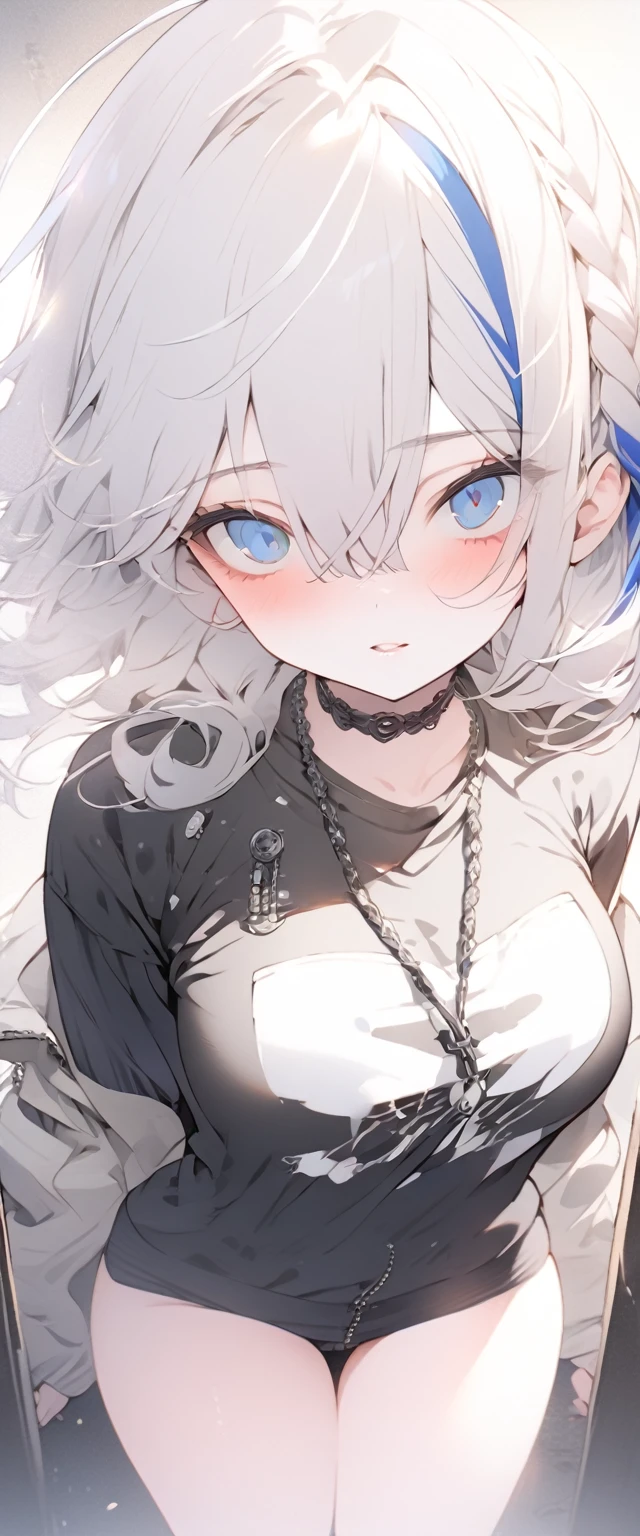 beautiful, masterpiece, Highest quality, anime, One girl, C Cup,Portrait Shot, View your viewers, Covered、Medium Hair、nearby、Blue Eyes、art、、White hair,Blue streaked hair, dead eyes、Dark atmosphere、Thighs、Braid、Street Outfit