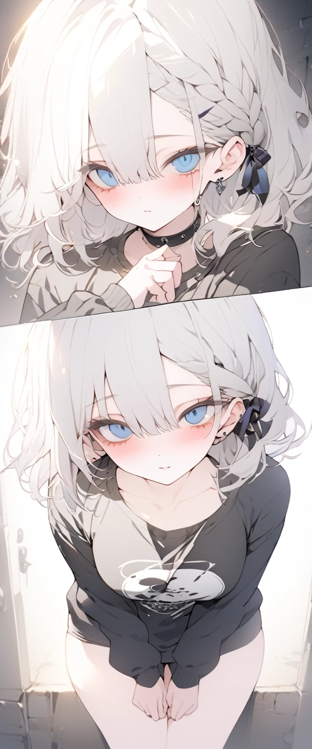 beautiful, masterpiece, Highest quality, anime, One girl, C Cup,Portrait Shot, View your viewers, Covered、Medium Hair、nearby、Blue Eyes、art、、White hair,Blue streaked hair, dead eyes、Dark atmosphere、Thighs、Braid、Street Outfit