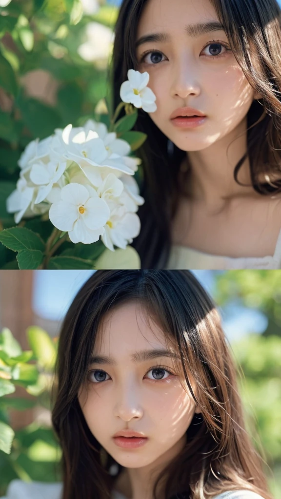 (((Ultra-high resolution、Close-up、Cute Japanese Woman)))、Long, straight black hair frames her face、So that every single hair is clearly visible、Depicts subtle color changes depending on the amount of light hitting the subject、The skin is white and smooth、Has a natural glow、Fine skin texture、Representing the fine details of pores、amountや頬に薄い赤みがある部分を詳細に、The eyes are almond-shaped and dark brown.、Fine details of the iris、Depicts color gradations and patterns、Long, natural-looking eyelashes, each and every one visible、Well-groomed eyebrows、indivual々The hair is clearly visible、Light reflects off into the eyes、Create small highlights、noseは繊細で、nose孔の細かいディテールがある、Lips are plump and naturally pink、Depicts the fine lines and soft curves of the lips、Shiny、Accentuate the shape、Detailed depiction of lip texture、Particular attention to the depiction of light and shadow、Soft natural light gently illuminates the face from the front、amount、nose、Creates a subtle glow on the cheeks、Shadows are cast softly along the contours of the face、cheekbone、Jaw Curve、noseの側面を強調、The gloss of her lips reflects the light faintly.、Emphasizes plump texture、The shadow of the hair adds depth and dimension.、indivual々The hair shines in the light、The background is simple and blurred.、Focus on the face、In the highest quality、Representing the utmost detail