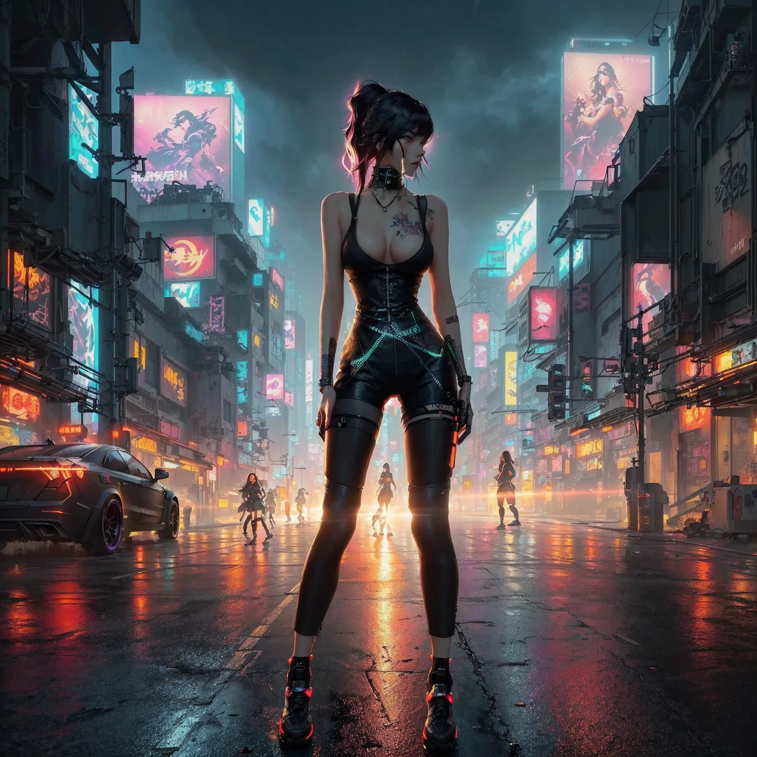 Lisa,in a black top and shorts standing in a crowded street, cyberpunk vibe, cyberpunk vibes, cyberpunk art style, cyberpunk girl, urban girl fanart, artwork in the style of guweiz, beautiful digital artwork, stylized urban fantasy artwork, deviantart artstation cgscosiety, in cyberpunk city, trending on cgstation
