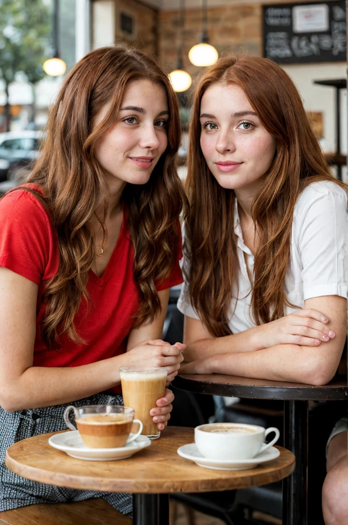 Pretty brunette woman ,in a cafe talking with a red-haired girl