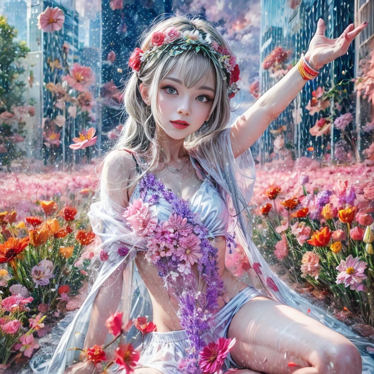 Crimson, White in Pearly RainbowColors,ExtremelyDetailed(ProfessionalPhoto of Girl Floating in the Sky:1.37)ZoomLayer{Stunning|Mystic|GodRays|Haze}, 280th floor infinity pool, Tallest building in the urban forest {Carnation|Tulips|(Rose)}, (Masterpiece 8K TopQuality:1.2),  (ExtremelyDetailed NOGIZAKA face and Eyes:1.37)ElaboratePupils with (SparklingHighlights:1.28) DoubleEyelids with Voluminous LongEyelashes RosyCheeks (Joyful Expressions LifeLike Rendering)MotionBlur  BREAK  (Acutance:0.77) PUNIPUNI impeccable Radiant PearlSkin with Transparency White(Skinny SchoolSwimwear) {(HiddenHand)|((Corrected BabyLike Hand))} Whole Body Proportions and all limbs are Anatomically Accurate, FlowerWreath WrappedBody Full of Flowers Covering girl's body {((Dazzling RainbowColorHorizon))|ColorfulSky|ColoredClouds|(Starly Particles)}(extra limbs:-1.4)(Not Detailed Face:-1.4)(Not Detailed Hand:-1.4)