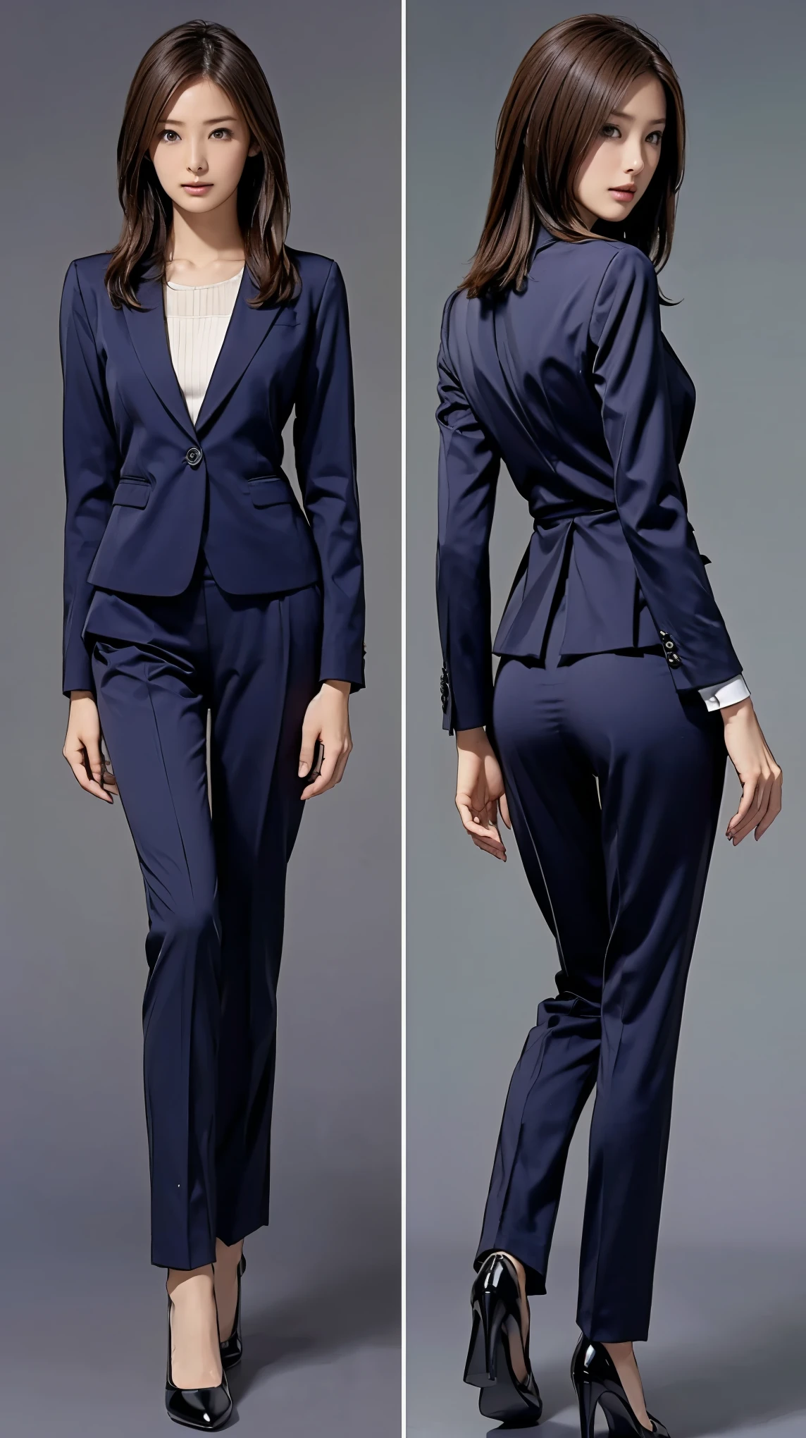((masterpiece)),(((Highest quality))),((Character design sheet)),Thin thighs,Long legs,Girl, Skinny Japanese woman, Very small waist, grey suit, Open jacket, office lady, suit, pants, From behind, Office Room, machine, (Stick your butt out:1.2), Detailed face, View your viewers