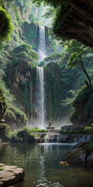 Chinese ancient times, spring, jungle, lake, cave, waterfall, tree, meadow, rock, deer, hot spring, water vapor, (illustration: 1.0), epic composition, realistic lighting, HD details, masterpiece, best quality, (very detailed CG unified 8k wallpaper)