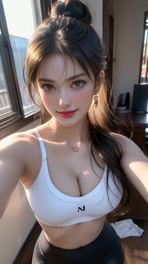 (best quality,ultra-detailed,photo-realistic:1.37), extremely beautiful eyes, Bright and Vibrant colors,studio lighting, playful expression, Extremely detailed eyes, stylish makeup, , 1 woman in mirror, (tanking selfie from phone), (selfie from phone), (wide shot, from the front), (cleavage, glossy breasts:1.2), long round legs, solo, (Sexy Sports Bra) , (Sports leggings) , ponytail, athletic build, iconic scene, (Medium Round BREAST), adult pose,alluring eyes,glossy lips,sexy pose, smiling in a confident and seductive way, professional photoshoot, shallow depth of field, highlighting the main subject, soft natural lighting, creating a dreamy and magical atmosphere.