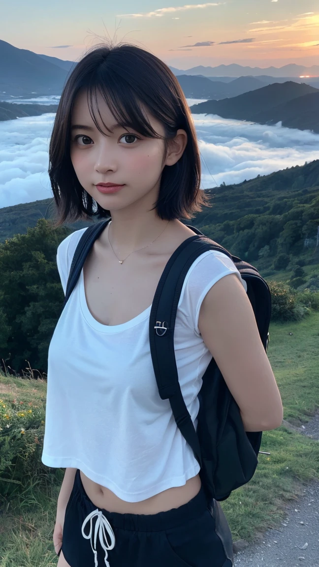 Highest quality, masterpiece, Ultra-high resolution, (Realistic:1.3), RAW Photos, (Nature landscape photography), (Majestic mountain peaks, sea of clouds), (On a very wide mountain), (sunset), (One girl), (Upper Body), (20-year-old), (smile:0.9), (Shiny skin), (short hair, Dark brown hair), (White T-shirt), (Casual shorts), (Carry a large backpack on your back), (Ultra detailed face), (Super beautiful poop), (Highly detailed eyes), (Highly detailed nose), (Highly detailed mouth), (Very skilled hands), (Super-detailed body), Sony a7, 85mm lens, f9.0, Pan Focus
