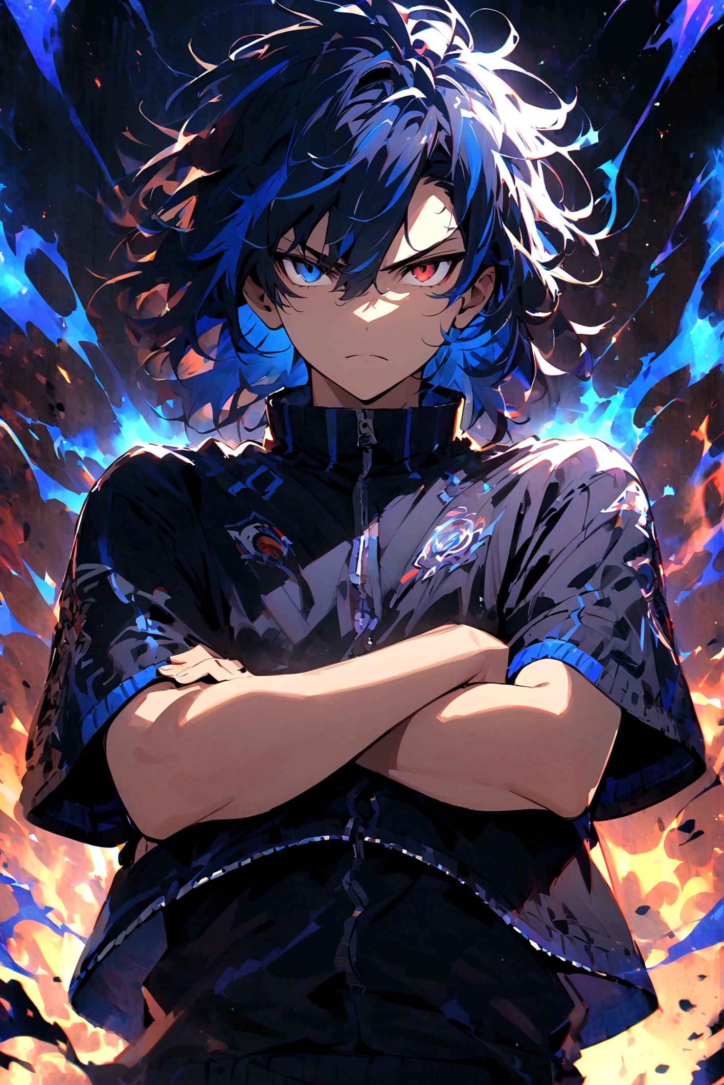 Teenage boy, Messy hair, Medium length hair, multicolored black and blue hair, brown and blue eyes heterochromia, serious face, black jersey, wide dark blue short-sleeved jacket, lot of details, crossed arms, blue electric aura around the character