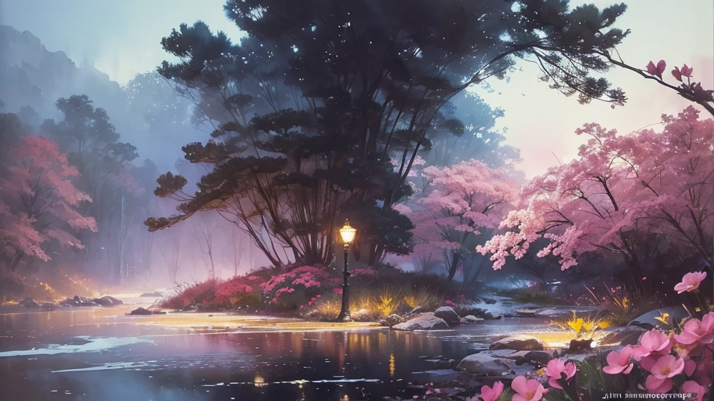 32k, Masterpiece, Highest quality, One girl, Brown Hair, Detailed eyes, flower,Freesia, Pink and navy style,A dreamy, romantic piece,Pale yellow, Mysterious Leaves,A playful arrangement,Fantasy,High Contrast,Ink strokes,explosion,Exposure, Impression of pink and navy tones,Abstract,((Watercolours by John Berkey and Jeremy Mann )) Brush strokes,Negative Space, Tyndall effect,