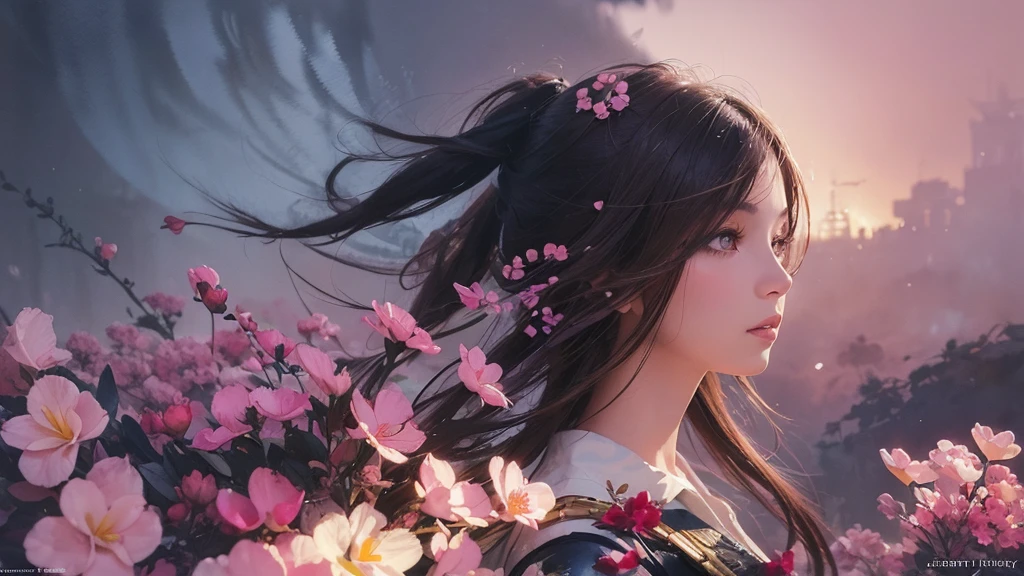 32k, Masterpiece, Highest quality, One girl, Brown Hair, Detailed eyes, flower,Freesia, Pink and navy style,A dreamy, romantic piece,Pale yellow, Mysterious Leaves,A playful arrangement,Fantasy,High Contrast,Ink strokes,explosion,Exposure, Impression of pink and navy tones,Abstract,((Watercolours by John Berkey and Jeremy Mann )) Brush strokes,Negative Space, Tyndall effect,