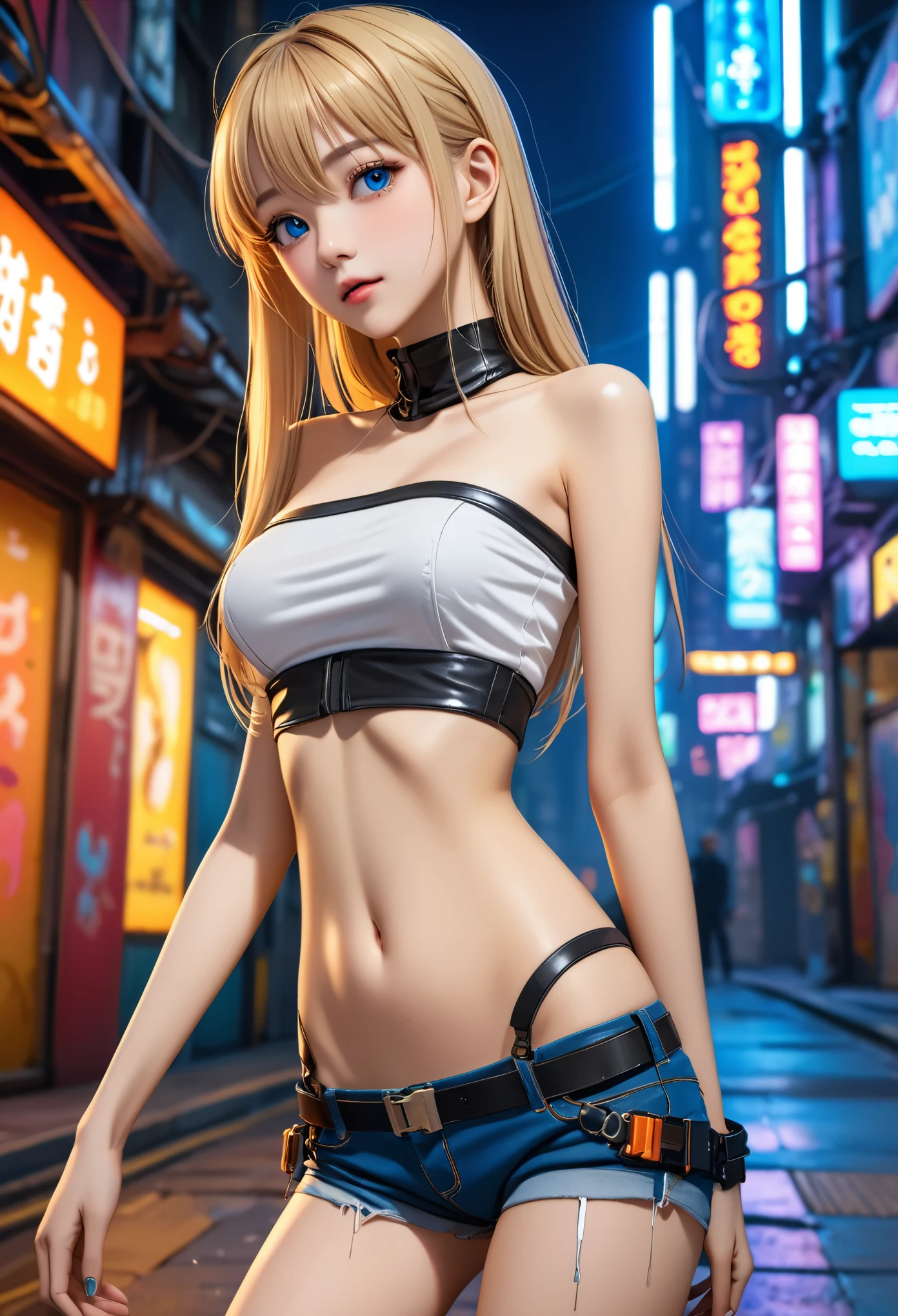 ((masterpiece,Highest quality:1.3)), 8k wallpaper、cowboy shot,1woman、20 year old beauty、独奏,((very small head:1.5)),blonde hair,long hair,bangs,blue eyes,gorgeous eyes,shy,medium breasts,((very long body:1.3)),(toned body,slender body,skinny),gleaming skin,shiny skin,oily skin,(Tube top shirt、Micro Shorts、on street,Metropolis、cyber punk、