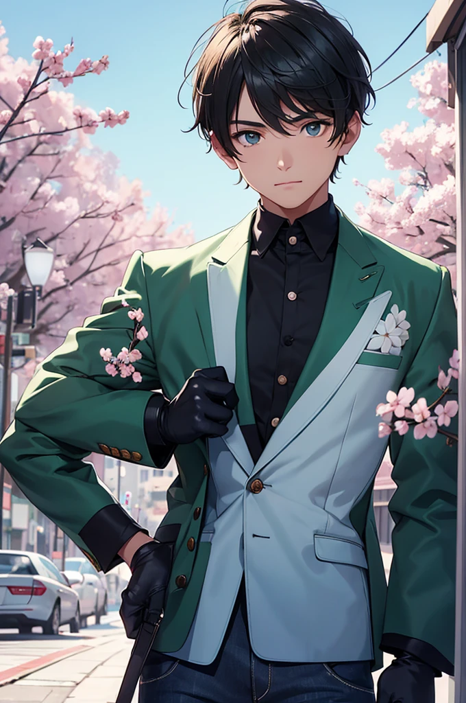 young boy, no facial hair, olive skin, blue jacket, white shirt, black jeans, half body, cherry blossom backround, black gloves, left eye blue, right eye green,