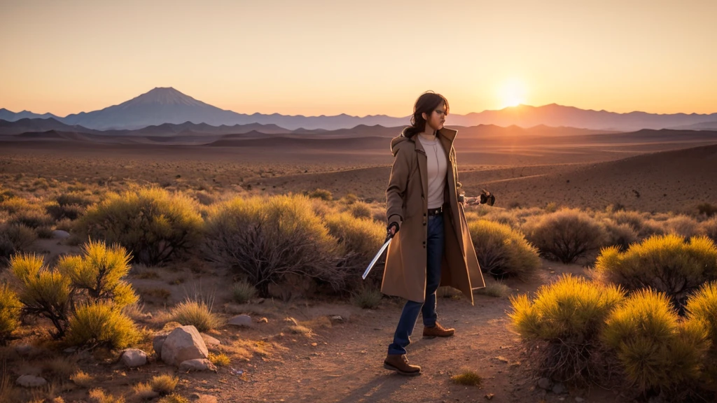 wilderness, desert, Wear a long coat, hard boiled, Sunset, Japanese sword, While walking, Playing the harmonica, Close your eyes, Good looking, Highest quality, from the front