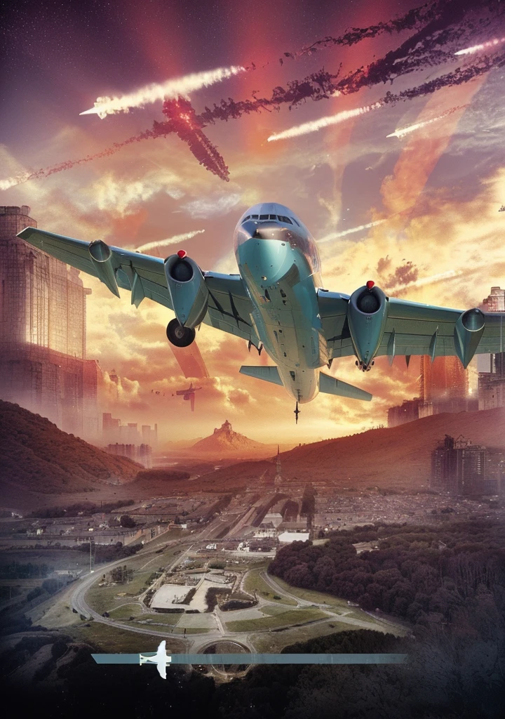 il y a un gros avion qui survole une ville détruite, Synthesized images, conceptual art of the&#39;fallout plane, cross-country air battle, bomber planes, coup d&#39;establishment, War Thunder game, large flying airships dieselpunk, by Ludwik Konarzewski, stylized digital illustration, rendered art, dieselpunk art style, rendering, second World War, second World War, close coup d&#39;establishment