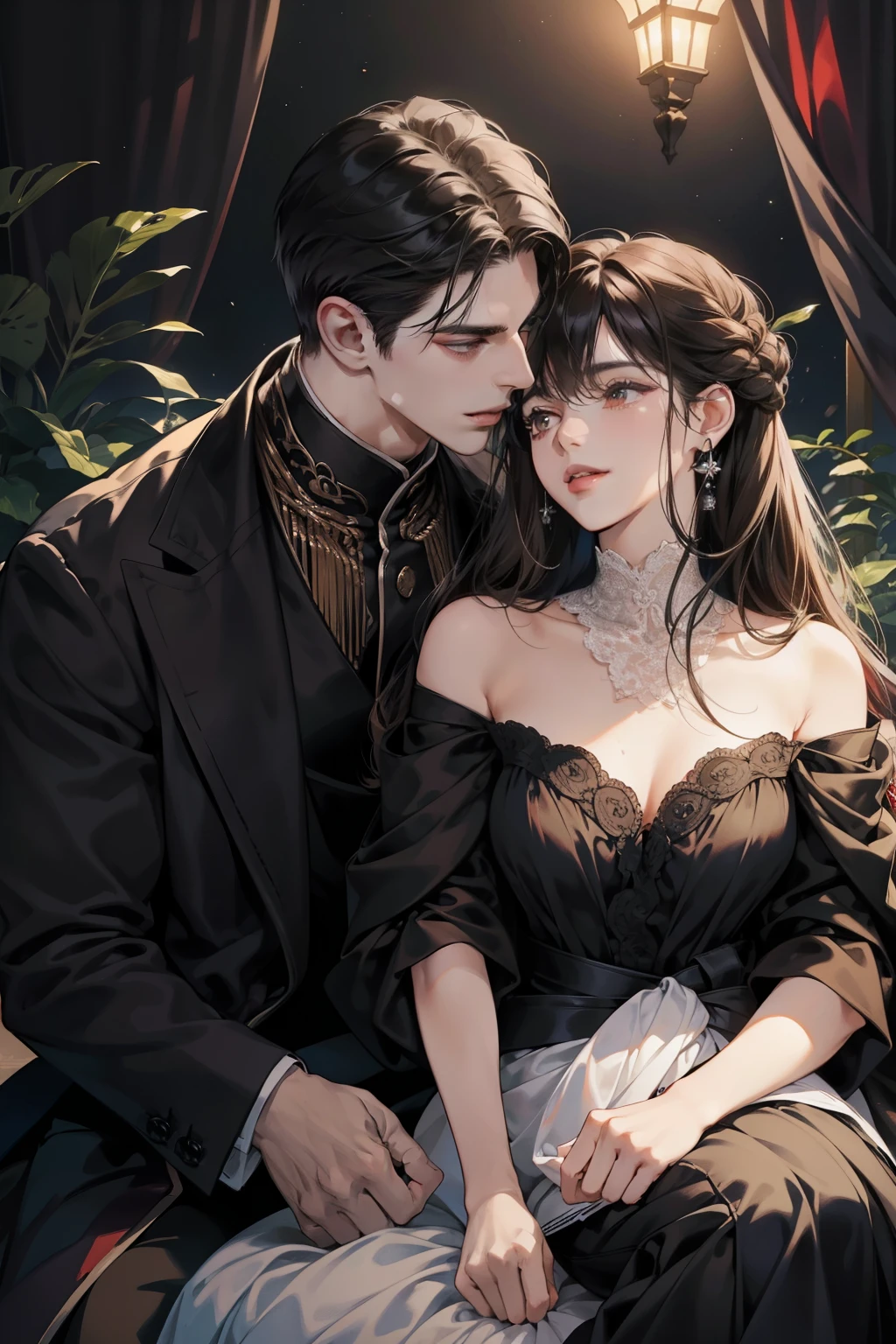 **Creada por: Midoru**
(masterpiece:1.4), best quality,
A striking and enchanting couple, affectionate and loving, with a dark and mysterious allure. The scene is set under the soft glow of the moonlight, casting long shadows and creating a romantic atmosphere. The couple is posed close, their bodies almost melting into one another, their dark tones contrasting against the pale moonlit background. The woman, with her dark brown hair cascading down to her waist, has a seductive smile and her lips are glossed a deep, dark shade of red. The man, with his black hair cropped short and his solid build, exudes an