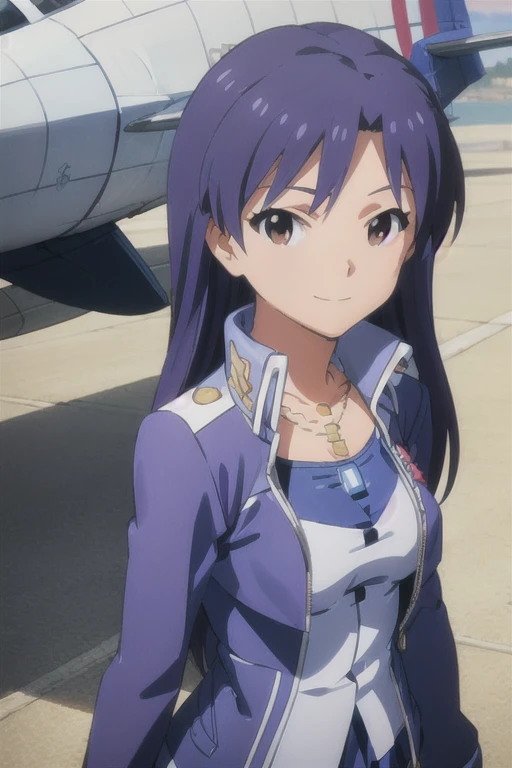 (((pixel-perfect, detail-perfect))), solo, 1girl, chihaya kisaragi, plane, jacket purple, upper body, necklace, looking at viewer, smile