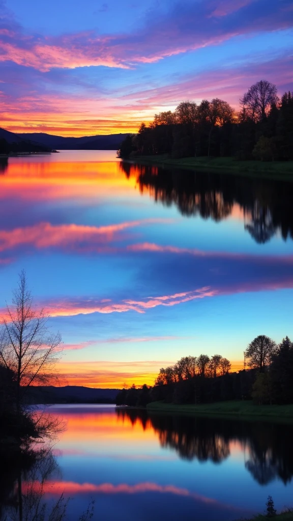 there is a beautiful sunset with a lake and trees in the background, colorful skies, surreal colors, colorful sunset, colorful sky, marvellous reflection of the sky, stunning sky, dream like atmosphere 8k, colorful clouds, colors reflecting on lake, surreal sky, red and blue reflections, fire reflection, beautiful sky, beautiful and spectacular dusk, beautiful dreamy landscape, amazing sky