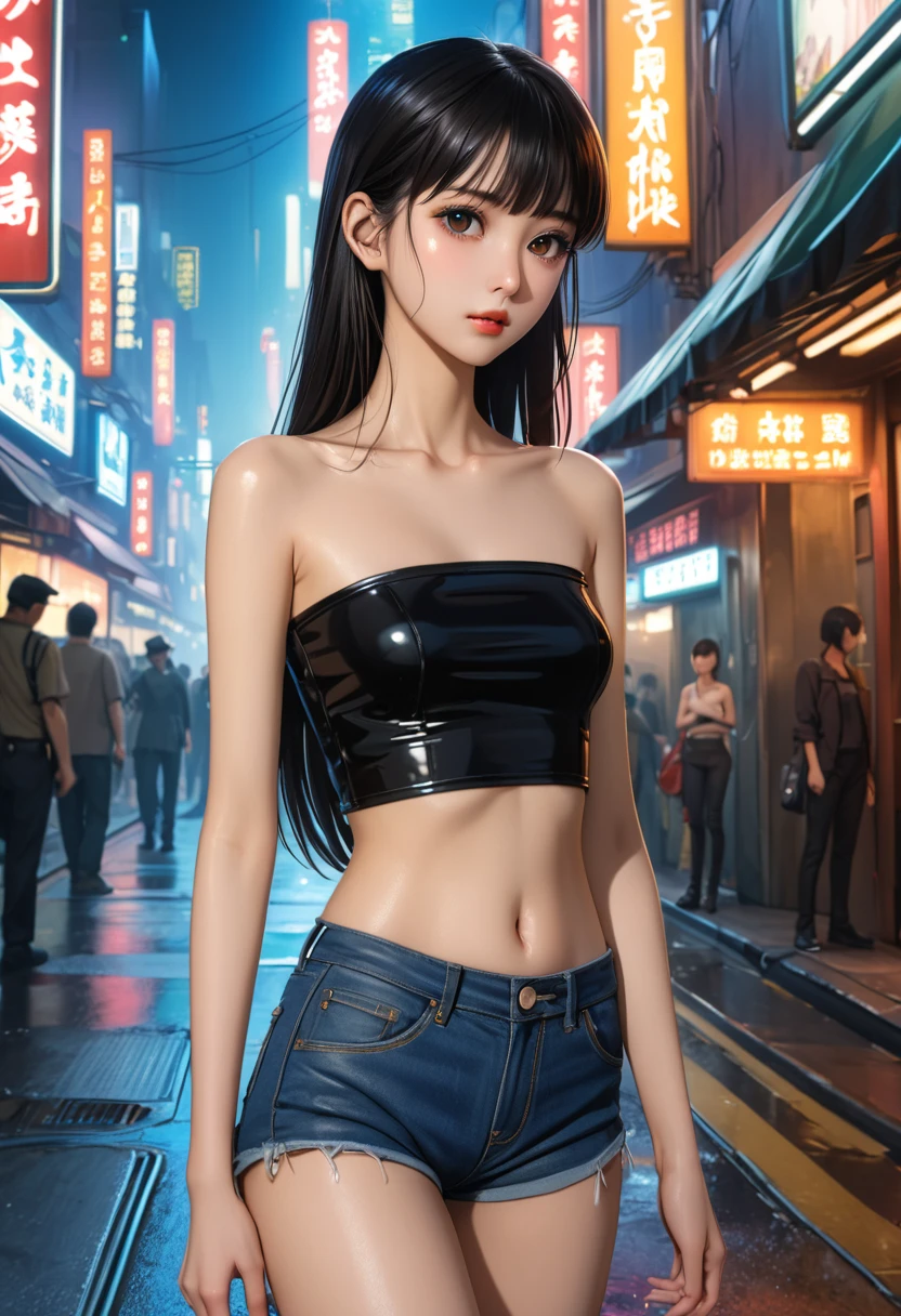 ((masterpiece,Highest quality:1.3)), 8k wallpaper、cowboy shot,1woman、20 year old beauty、独奏,((very small head:1.5)),black hair,long hair,bangs,black eyes,gorgeous eyes,shy,medium breasts,((very long body:1.3)),(toned body,slender body,skinny),gleaming skin,shiny skin,oily skin,(Tube top shirt、Micro Shorts、on street,Metropolis、World of Blade Runner