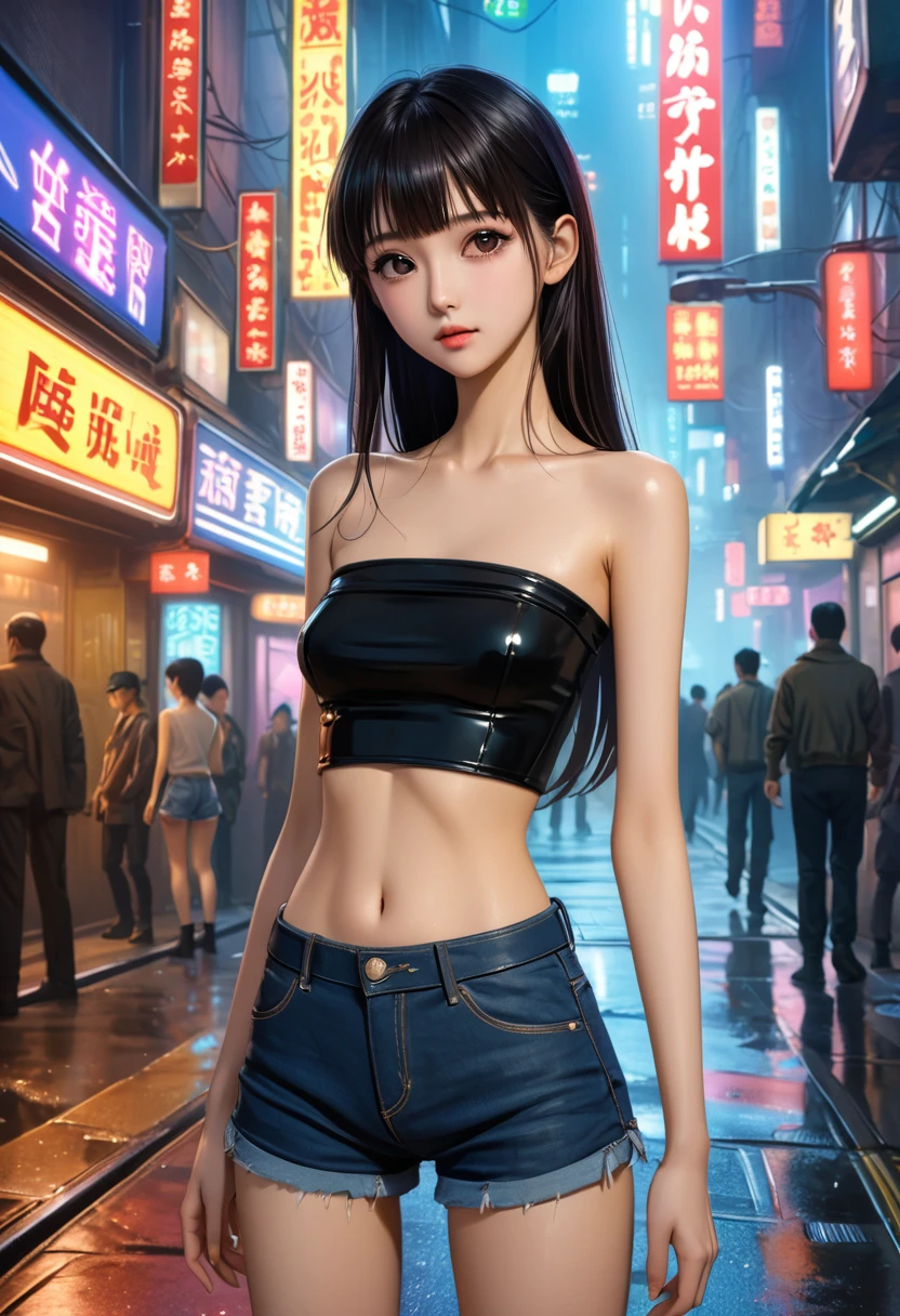 ((masterpiece,Highest quality:1.3)), 8k wallpaper、cowboy shot,1woman、20 year old beauty、独奏,((very small head:1.5)),black hair,long hair,bangs,black eyes,gorgeous eyes,shy,medium breasts,((very long body:1.3)),(toned body,slender body,skinny),gleaming skin,shiny skin,oily skin,(Tube top shirt、Micro Shorts、on street,Metropolis、World of Blade Runner