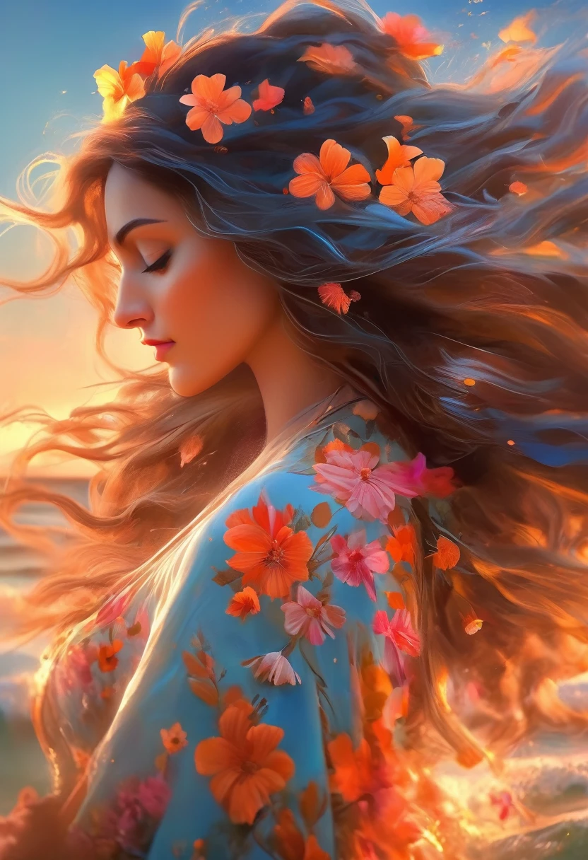 Painting of a beautiful woman in profile with long hair and flowers in her hands, Beautiful digital illustrations, Beautiful artwork illustration, A wonderful digital illustration of the ocean, Beautiful digital artwork, Amazing digital art, Exquisite digital illustrations,style, Beautiful digital art, beautiful Amazing digital art, very Beautiful digital art, Beautiful fantasy art portraits　Unreal Engine