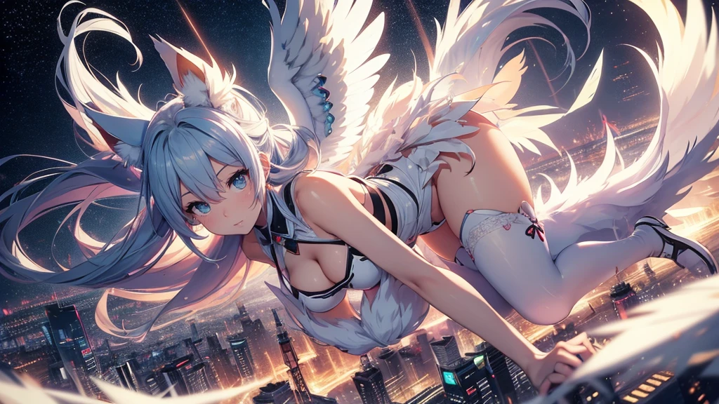 anime girl,tennage girl 18 years old, anime style, cute hatsune miku x white kitsune, shy girl , kitsune ears, dark natasha art, city landscape, art by vixen aztra, full body high definition in details the best image quality, add_detail:1 kitsune in hells add_detail:1, volando desde el cielo observa una ciudad, apunto de diaparar un rayo solar con su brazo izquierdo add_detail:1, plasma beam atack, 6 feather angel wings add_detail:1