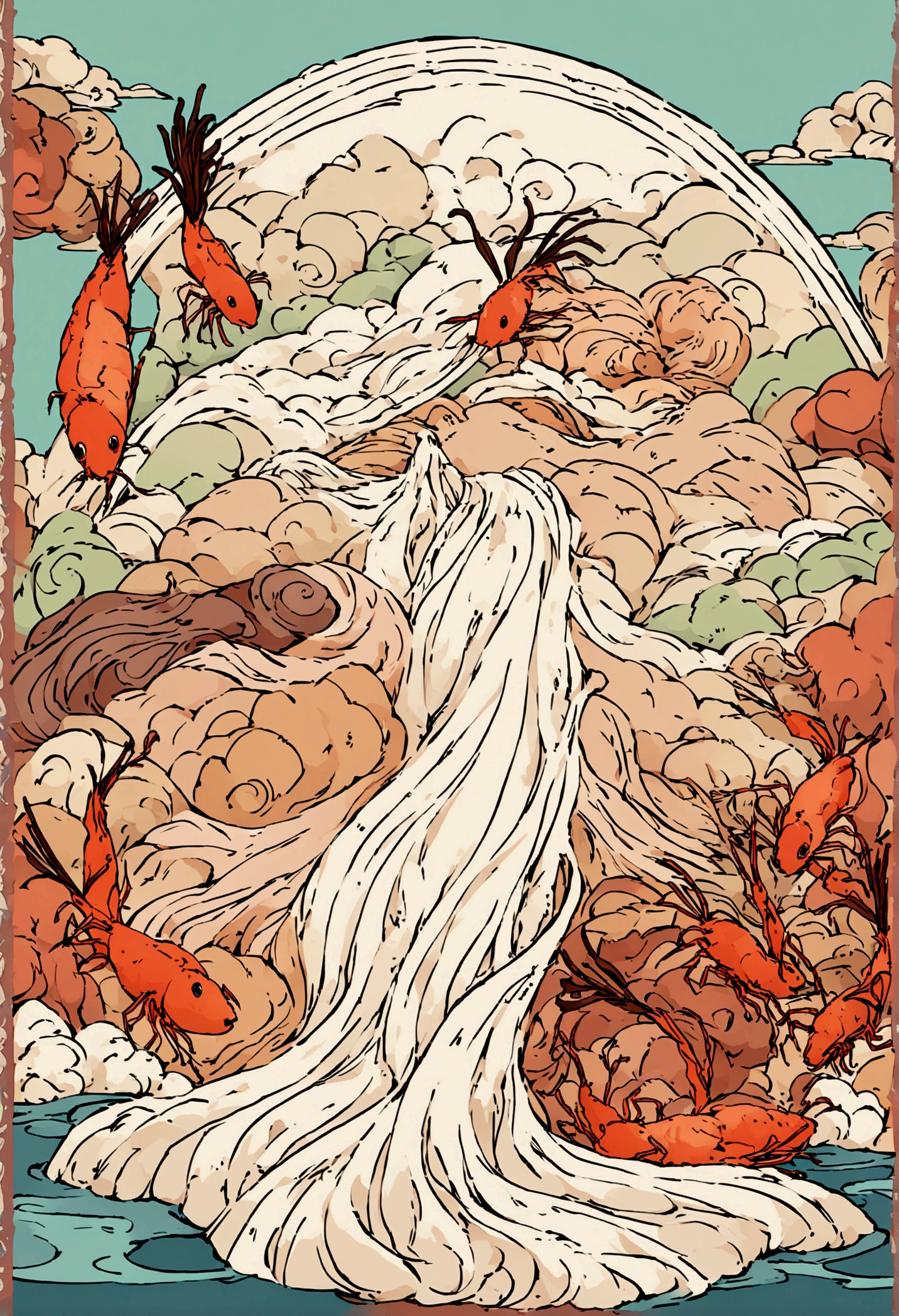 "Create a line art style image featuring a river made of wide rice noodles, flowing gracefully through the scene. Along the riverbanks, integrate shredded chicken and shrimp in a visually appealing and appetizing manner. Use creative elements to enhance the overall image, ensuring it evokes a sense of hunger and desire for the delicious foods depicted."