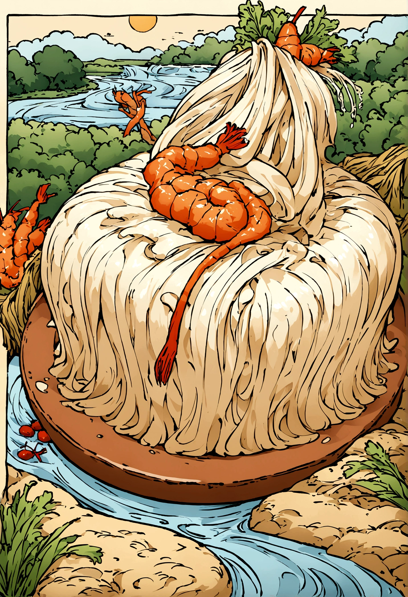 "Create a line art style image featuring a river made of wide rice noodles, flowing gracefully through the scene. Along the riverbanks, integrate shredded chicken and shrimp in a visually appealing and appetizing manner. Use creative elements to enhance the overall image, ensuring it evokes a sense of hunger and desire for the delicious foods depicted."