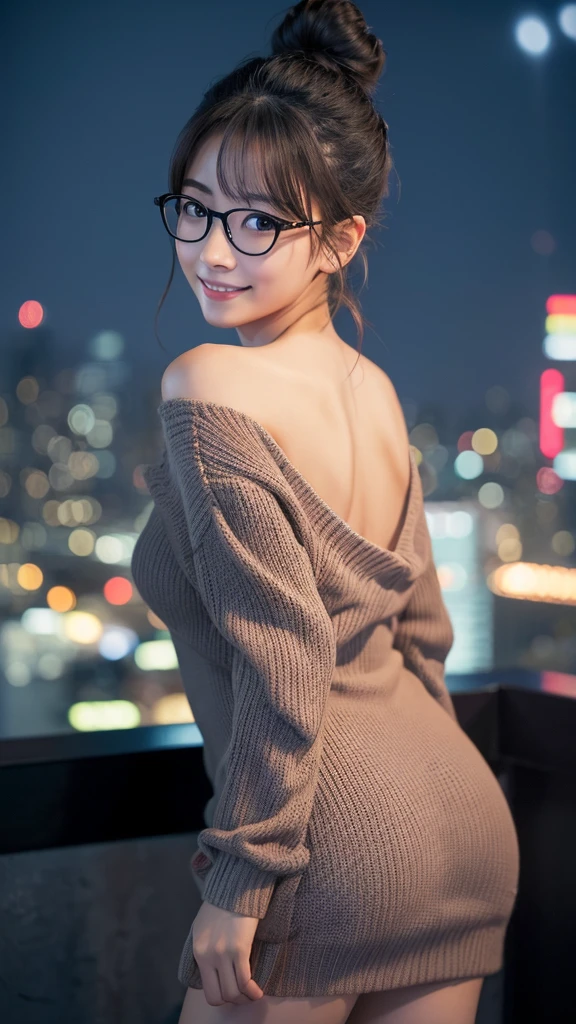 Japanese Girls、Knitted sweater、hot pants、Pay attention to your audience、Tokyo cityscape at night、(Highest quality、masterpiece)))、HD Fine、Very detailed、masterpiece、Cinema Lighting、(8K、Highest quality、masterpiece:1.2)、(Realistic、Realistic:1.37) High resolution、Very detailedな、Woman wearing glasses、Gentle expression、Round Glasses、Asian, cute, cute顔, alone, Bun Hair 1.2, Beautiful Skin, Beautiful smile, Beautiful and detailed night sky, Night view, Cinema Lighting, Depth of written border, Lens flare light、(shut up.)、Perfect breasts、Hunchback、A beautiful eye for detail、Correct limb structure、The correct number of fingers