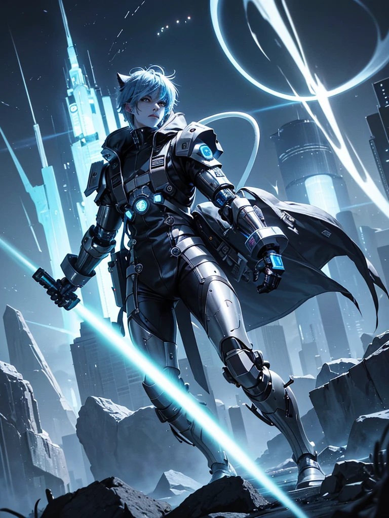 creature with a cybernetic body, its appearance resembles that of a cat, his bluish hairs stand out from his metallic skin, is wearing a white backpack, His presence is ominous
