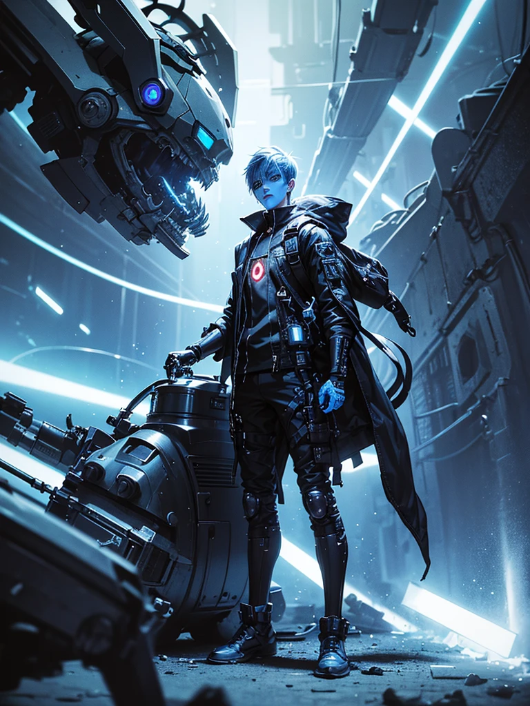 creature with a cybernetic body, its appearance resembles that of a cat, his bluish hairs stand out from his metallic skin, is wearing a white backpack, His presence is ominous