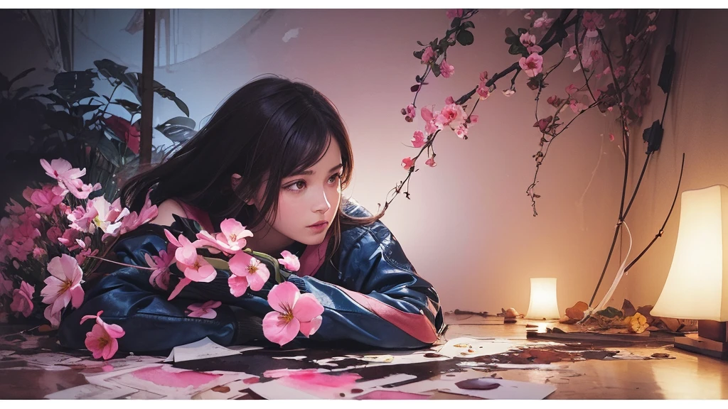 32k, Masterpiece, Highest quality, One girl, Brown Hair, Detailed eyes, flower,Freesia, Pink and navy style,A dreamy, romantic piece,Pale yellow, Mysterious Leaves,A playful arrangement,Fantasy,High Contrast,Ink strokes,explosion,Exposure, Impression of pink and navy tones,Abstract,((Watercolours by John Berkey and Jeremy Mann )) Brush strokes,Negative Space, Tyndall effect,