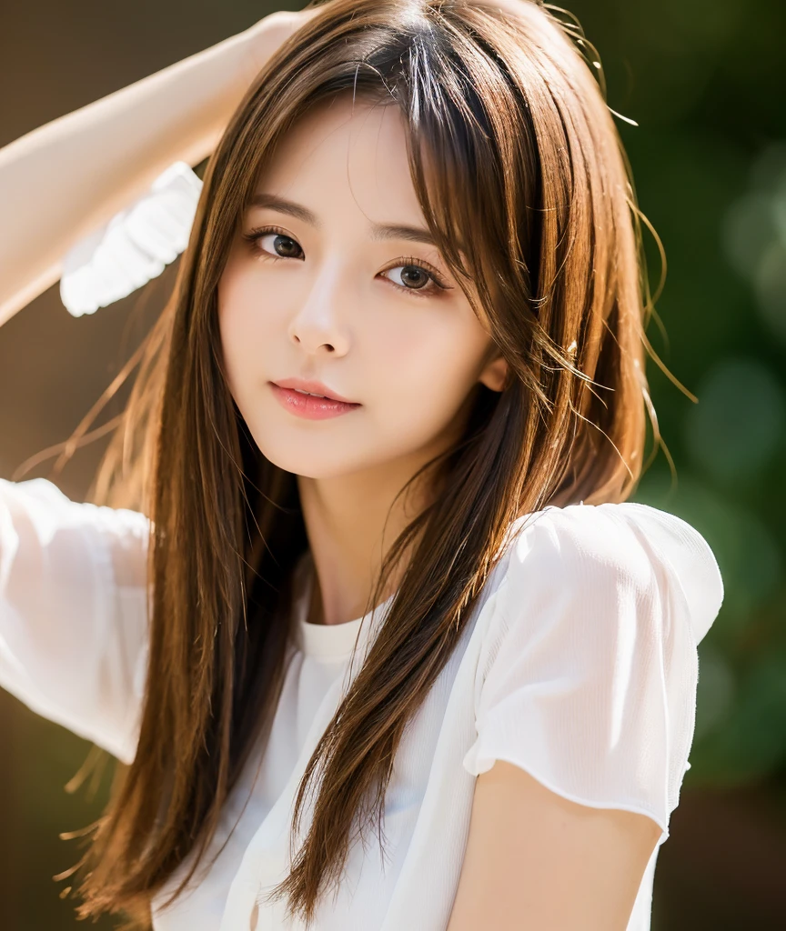 Mature Young,Cool white blouse,Erotic style,very cute,whole body,Beautiful and soft skin、Perfect Face、Perfect Face,Gorgeous long brown hair,8K resolution,Ultra-realistic,Very detailed,high quality,Fashionable erotic beautiful immature woman ,(Look at the viewers)