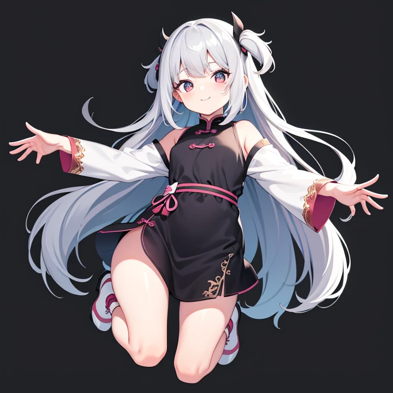 Ultra-high resolution, Hmph, Best aesthetics, Highest quality, Tabletop, Flat avatar, Perfect lighting、(colorful、Bright colors: 1.4)、Gray Hair,Shortcuts They are in love and shy.Bright-eyed girl, Laughter, hair ornaments, a bit, Simple Background,, Side Lock, Large oval eyes,Flat avatar,  Laughter, head shot, Simple Background, China dress,Chinese Bang Black Long Hair,Pan cover, A trick art style illustration for Instagram. The girl appears to jump out of the frame, with her hands and feet going beyond the frame. The background is in simple pastel colors and includes stylish elements designed for social media. The girl has a bright and happy expression, and the whole illustration has a positive atmosphere.