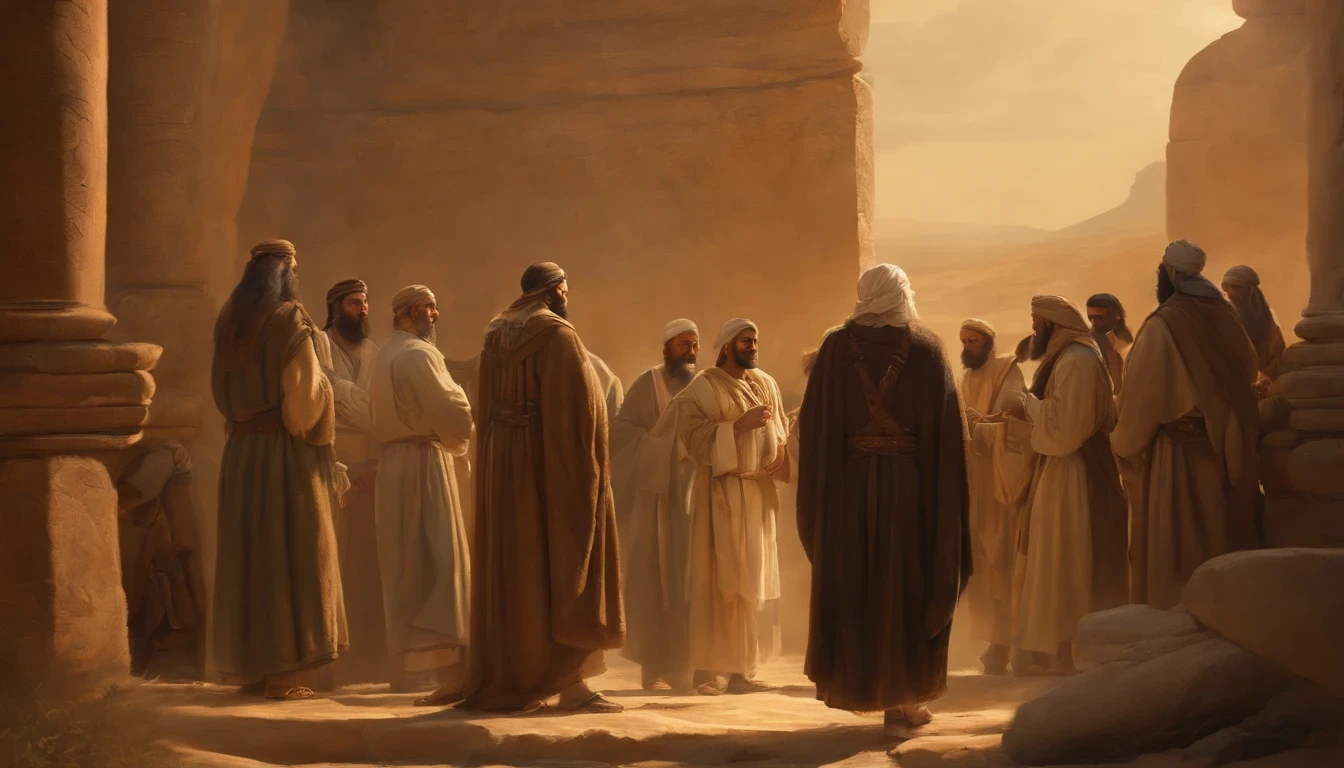 Jeremiah calls the Israelites to repent, The cry of the prophet,Meetings with large numbers of people., papyrus,Worn parchment,old dresses,,History reference,High-quality illustrations and details.,realistic portrait style,subtle color palette,Vibrant background,natural textures,deep shadows,Subtle reflections,historical accuracy,meticulous attention to detail,emotional depth and intensity,Authentic representation,suggestive,spiritual atmosphere,a sense of ancient wisdom,Deep Impact