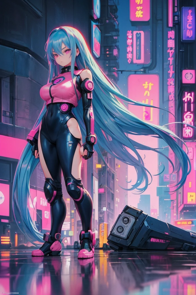 (One girl, toriyama akira), ((Blue Hair, Very long hair, Pink Eyes, Fine grain)), Balihama Costume, Super detailed, (Cyberpunk City, Super detailed), 4K, reflection, Neon Light Sign, sexy, whole body,