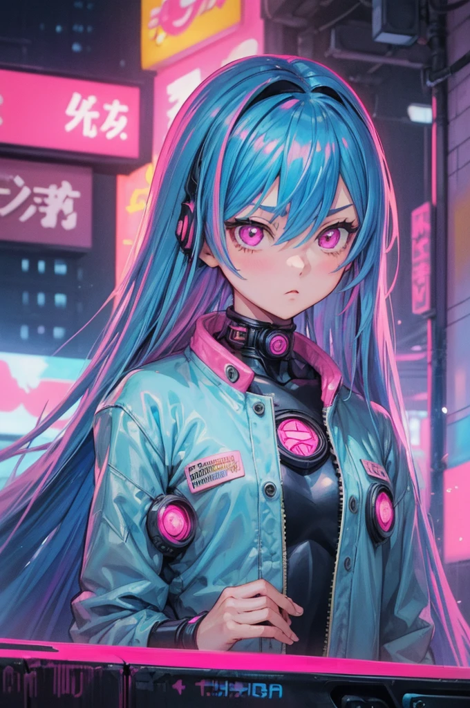 (One girl,  toriyama akira), ((Blue Hair, Very long hair, Pink Eyes, Fine grain)), Balihama Costume, Super detailed, (Cyberpunk City, Super detailed), 4K, reflection, Neon Light Sign, sexy, whole body,