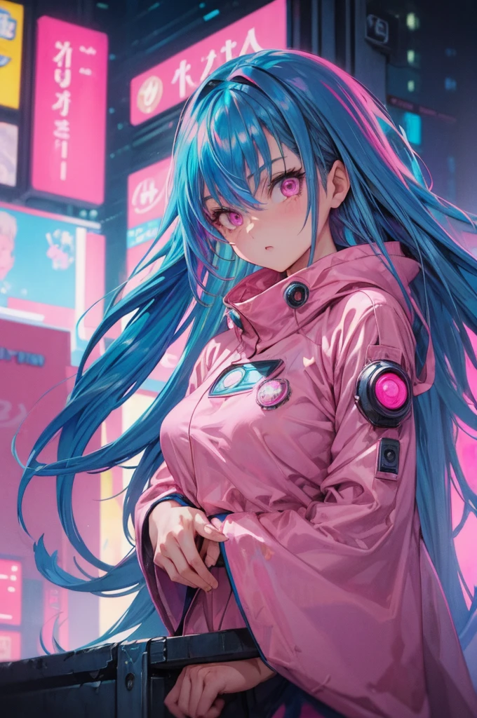 (One girl, toriyama akira), ((Blue Hair, Very long hair, Pink Eyes, Fine grain)), Balihama Costume, Super detailed, (Cyberpunk City, Super detailed), 4K, reflection, Neon Light Sign, sexy, whole body,