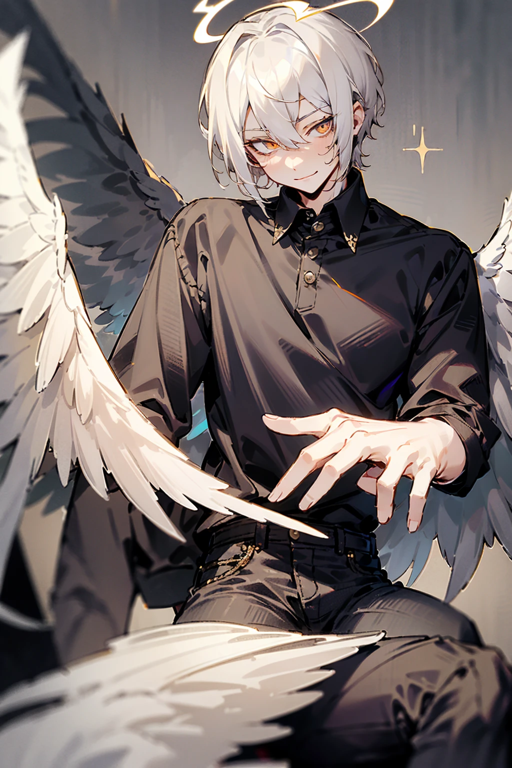1male, Adult, Two Tone Hair, Black and White Hair, Short Hair, Undercut Hair, Black and White Horns, Angel Halo, Black and White Wings, Golden Eyes, Smirk, Black and White Flannel Shirt, Black Ripped Jeans