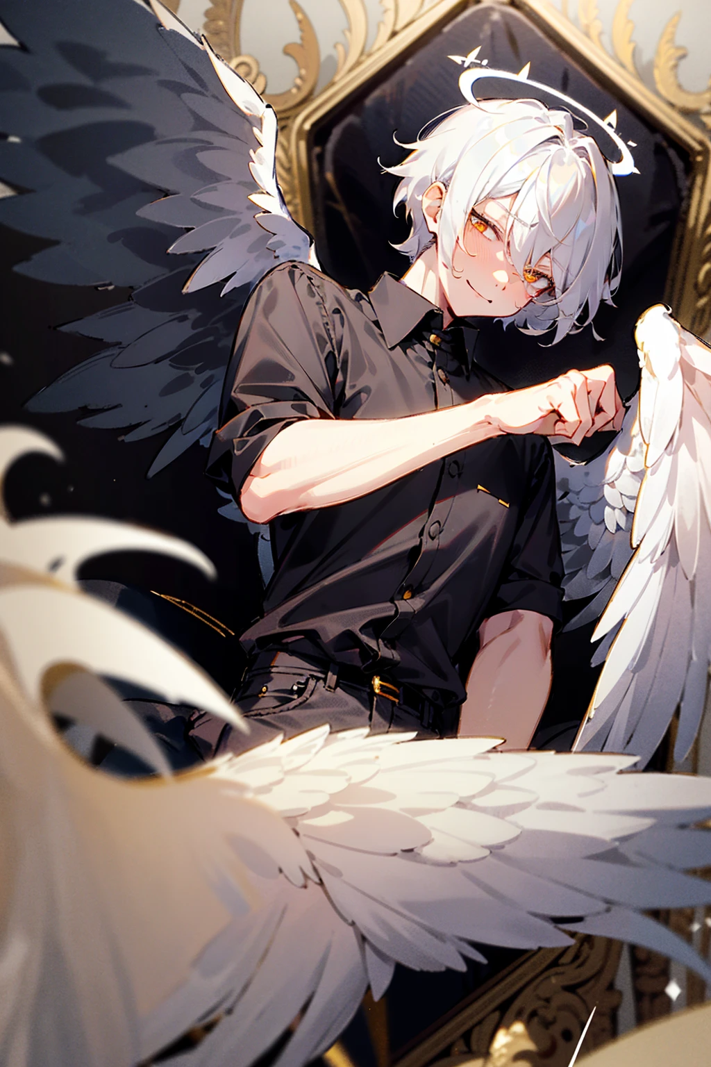 1male, Adult, Two Tone Hair, Black and White Hair, Short Hair, Undercut Hair, Black and White Horns, Angel Halo, Black and White Wings, Golden Eyes, Smirk, Black and White Flannel Shirt, Black Ripped Jeans