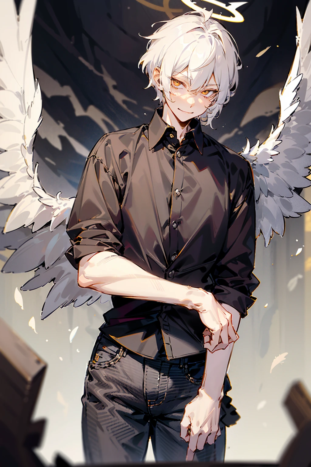 1male, Adult, Two Tone Hair, Black and White Hair, Short Hair, Undercut Hair, Black and White Horns, Angel Halo, Black and White Wings, Golden Eyes, Smirk, Black and White Flannel Shirt, Black Ripped Jeans