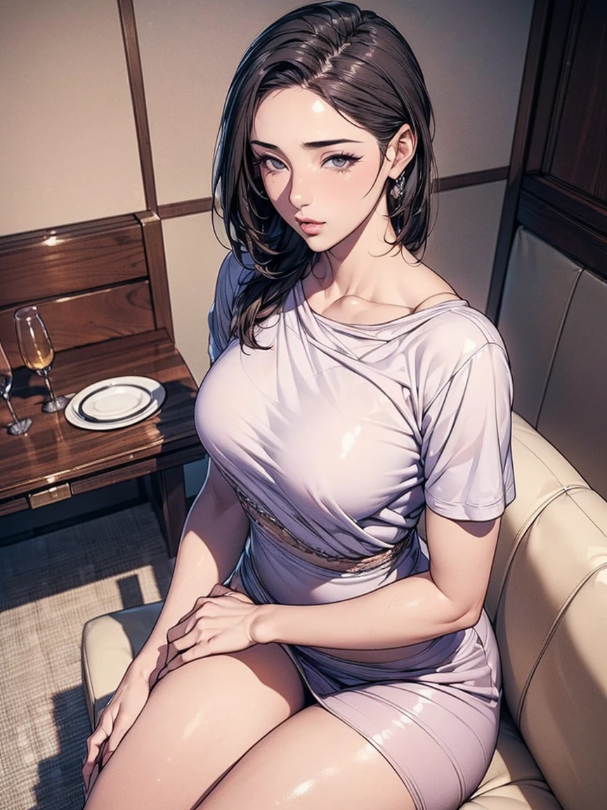 ((the most beautiful woman in the world:1.88)),(masterpiece:1.66),(FHD:1.51),(16K:1.12),(best quality:1.54),high quality,(ultra detailed:1.15),hyper detailed,insanely detailed, exquisite,beautiful,absurdres,1 woman,(house wife:1.5),(40 years old:1.3),(middle-aged:1.49),japanese woman,((the most beautiful woman in the world)),(slender:1.55),beautiful,medium skin,shiny skin,detailed skin,detailed face,beautiful breasts,small breasts,side part,straight hair,Casual, simple blouse,V-neckline,knee-length skirt, blouse in bright colors,pastel shades,Dining, sofa, sitting,from above,looking at viewer,