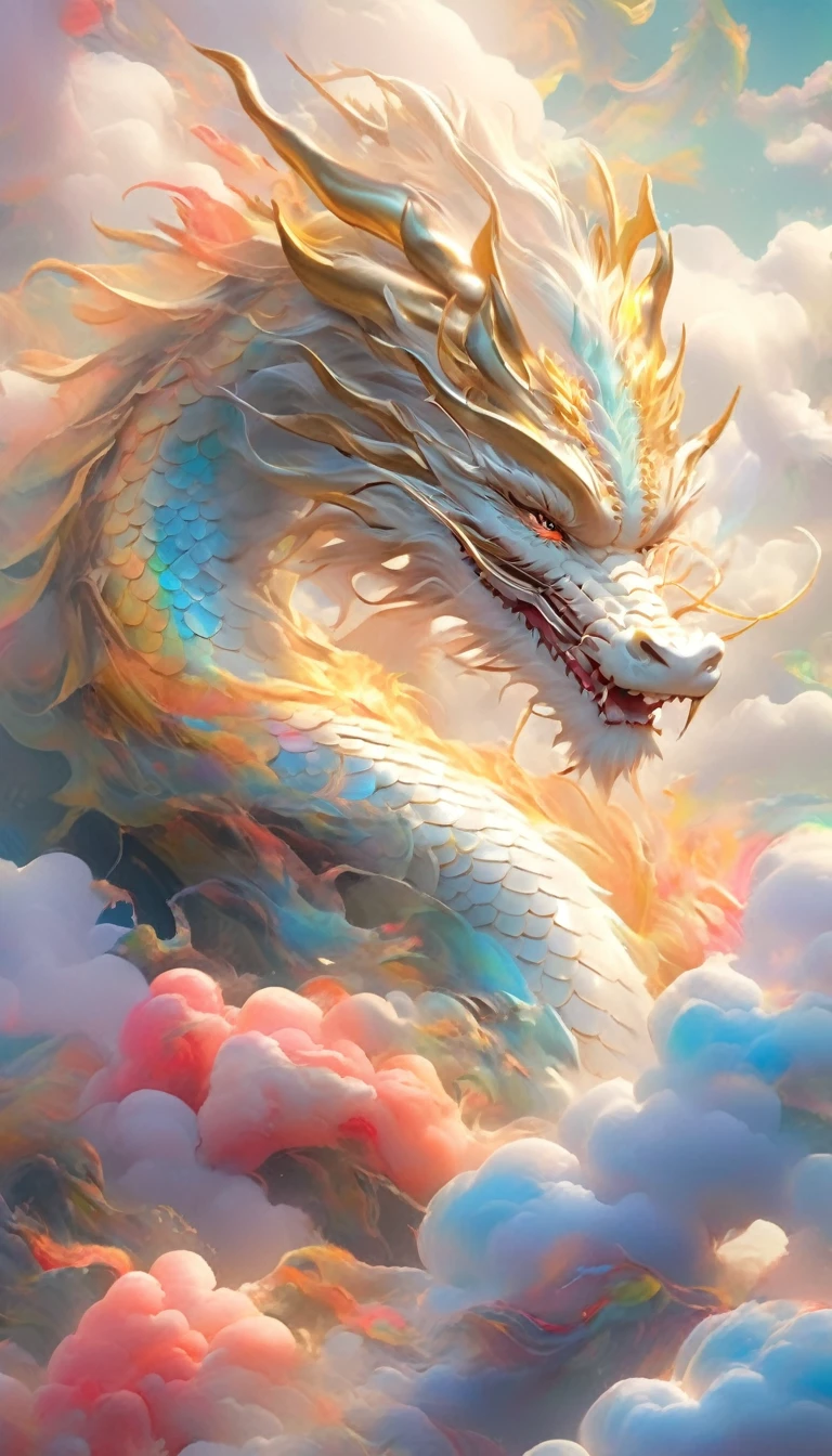 A dragon rises from the sea of clouds、Carrying great happiness、Huge gold and red body、High detail、High resolution、High color rendering、High resolution、Surreal、Realistic、Rainbow colors、Pastel colored scales