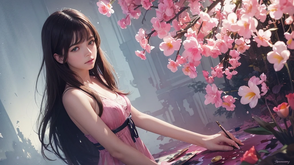 32k, Masterpiece, Highest quality, One girl, Brown Hair, Detailed eyes, flower,Freesia, Pink and navy style,A dreamy, romantic piece,Pale yellow, Mysterious Leaves,A playful arrangement,Fantasy,High Contrast,Ink strokes,explosion,Exposure, Impression of pink and navy tones,Abstract,((Watercolours by John Berkey and Jeremy Mann )) Brush strokes,Negative Space, Tyndall effect,