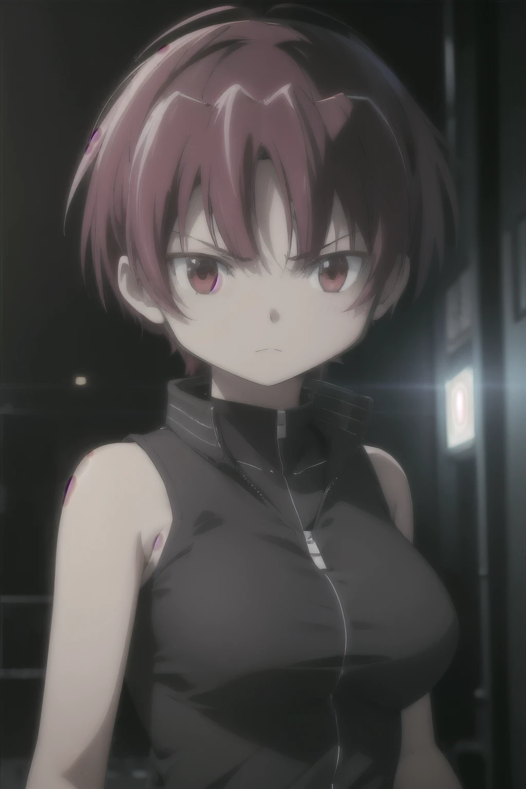 1woman, short red hair, red eyes, serious expression, tomboy, big breasts, athletic, wearing black sci fi coat, tank top, isolated on completely pitch black background, absurdres, high res, ultrasharp, 8K, masterpiece, looking at viewer, HDR, sci-fi, professional, vivid colors, sharp focus, studio lighting, absurdres, bokeh, static