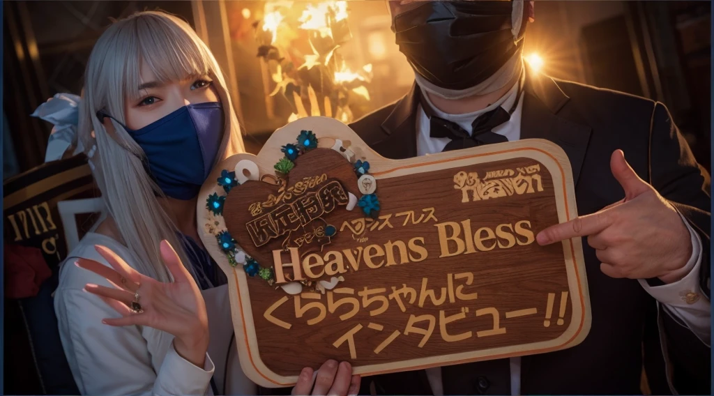 Women and men Wearing a mask A man holds a sign in his right hand and points with his left hand