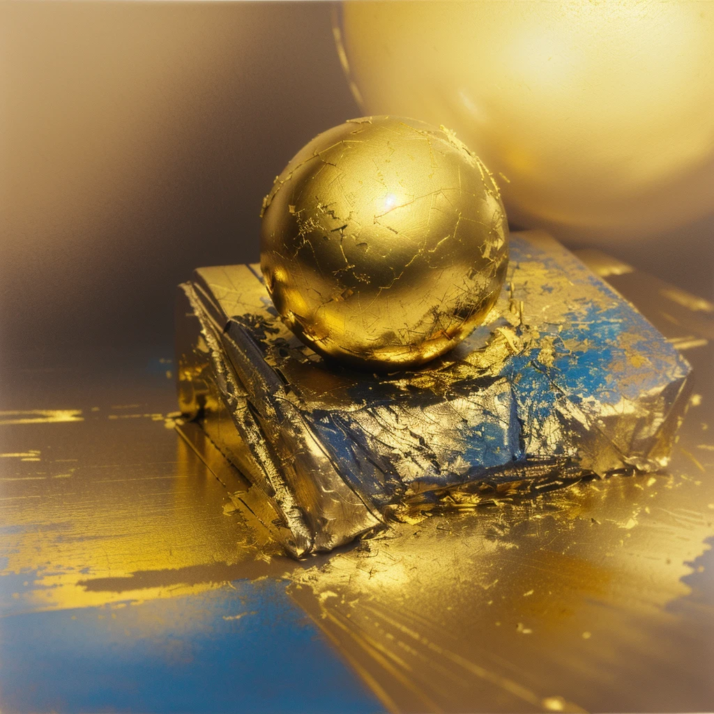 there is a blue ball sitting on top of a gold object, oil pastels and gold, pastel art, cinematic blue and gold, pastel artwork, mixed media on toned paper, gold and blue ,light study, stone and glass and gold,
