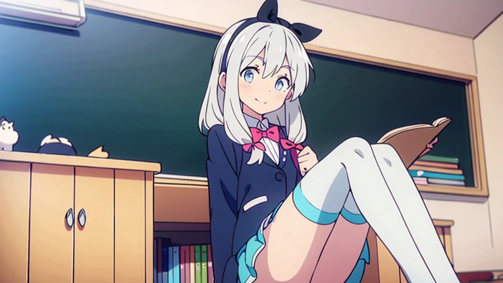 1 white-haired girl with ribbon decorations on her head, blue eyes in school mini skirt Women with white stockings at home