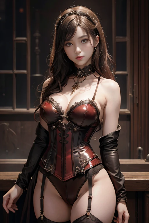 A Japanese girl 、short brown hair、 ((ultra-realistic details)) 、 portraite 、 global illumination 、 ombre 、 octane rendering 、 8K 、 ultra sharp 、 Crimson leather corset and panties 、garter belt、 Slavery and Gothic ta 、 Very complex detail 、 realistic light 、 Trends in CG、gold eyes、glare eyes、facing the camera、neon details、visible cleavage、A mechanical accessory worn around the neck、standing pose、(rug)、The rugground is a steampunk room、beautiful long legs