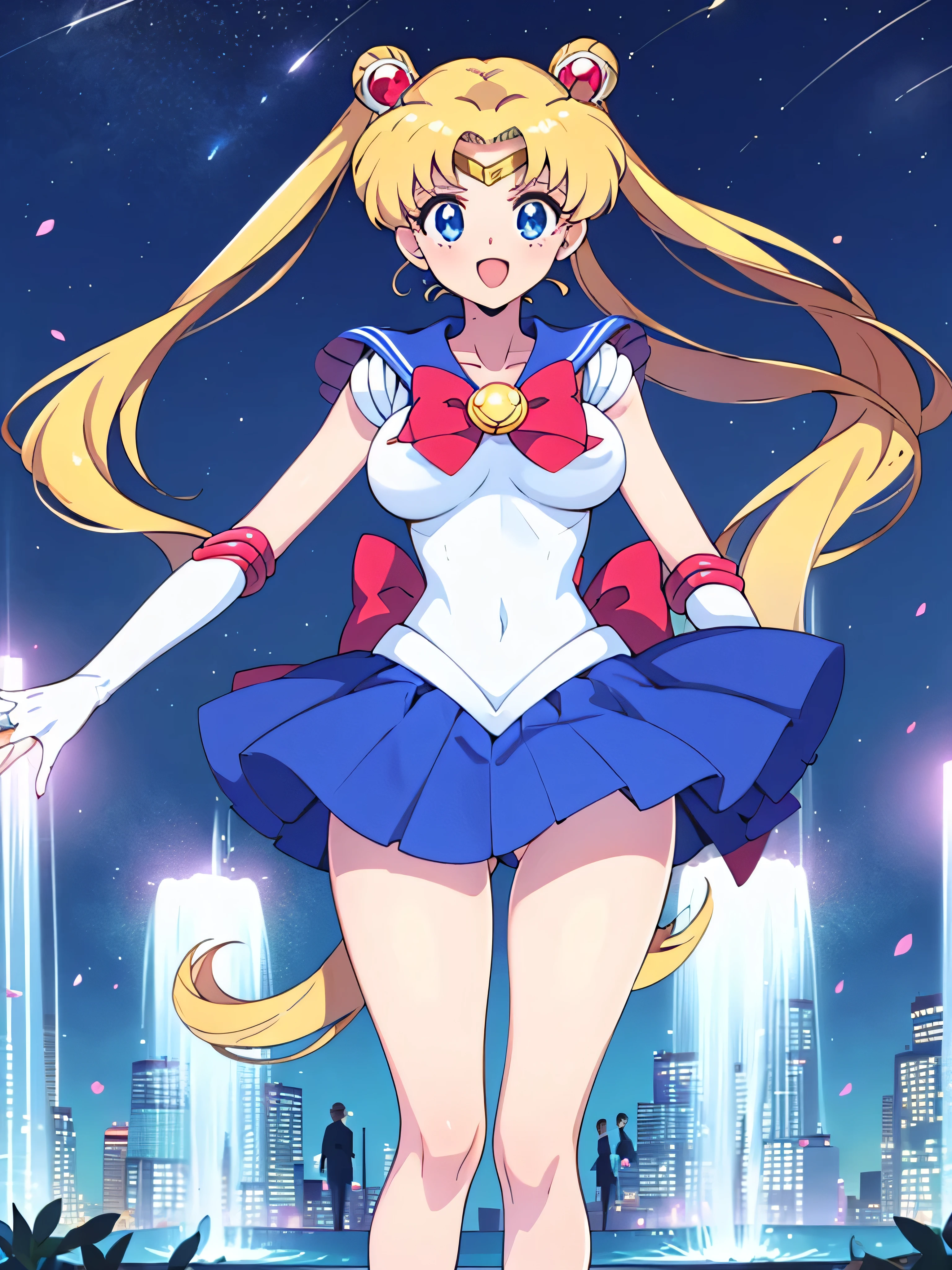 (High quality, 32k anime ultra HD, 1980s /(style/), retro art style, highly detailed, perfect anatomy), ((sailor moon, Tsukino Usagi)), 1 girl, solo, (blonde hair, short hair, pigtails, center parted bangs, hair blowing in the wind), (blue eyes, beautiful, super detailed), slightly open mouth, smiling, cowboy shot, (big boobs:1.3, firm chest, beautiful breasts), thin waist: 1.0, wide hips 1.2, big ass: 1.2, (dancing, fluttering, in the air, legs spread, in front of fountain), looking at viewer, (park background, night, big fountain, lighted street lamp, lamplight), (front view, from below), core_9_up, score_8_up, score_7_up, score_6_up,