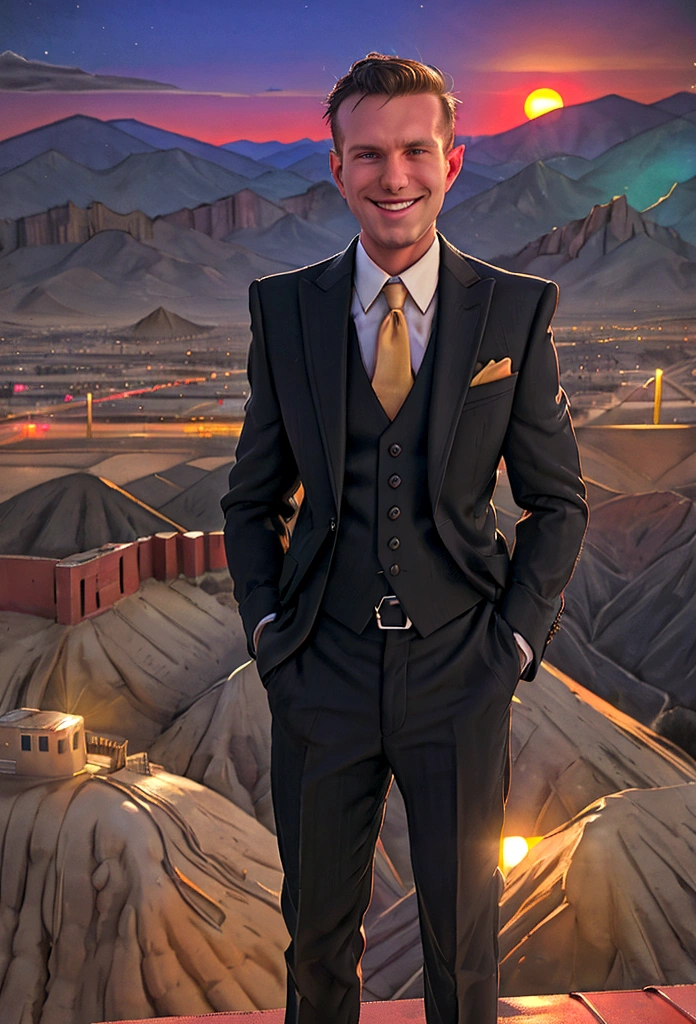 (solo), RAW Photo, photo of man Todder8 on a rooftop overlooking a small city at twilight wearing classic dapper clothes, (wearing suit), glow of the setting sun, vibrant ambiance, desert mountains, neon lights, music, (jet magazine), male, smiling, short hair, Todder5