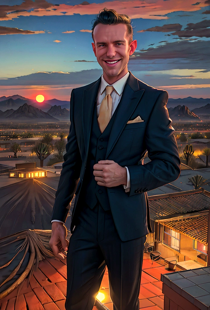 (solo), RAW Photo, photo of man Todder8 on a rooftop overlooking a small city at twilight wearing classic dapper clothes, (wearing suit), glow of the setting sun, vibrant ambiance, desert mountains, neon lights, music, (jet magazine), male, smiling, short hair, Todder5